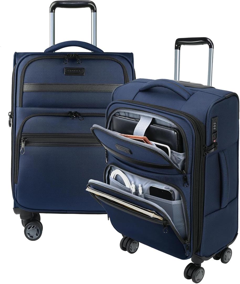 KROSER Softside Expandable Carry On Luggage with Front Business Pockets20 Inch Suitcases with Spinner Wheels & Built-in TSA Lock, Durable Suitcase Rolling Luggage with USB Port, Navy