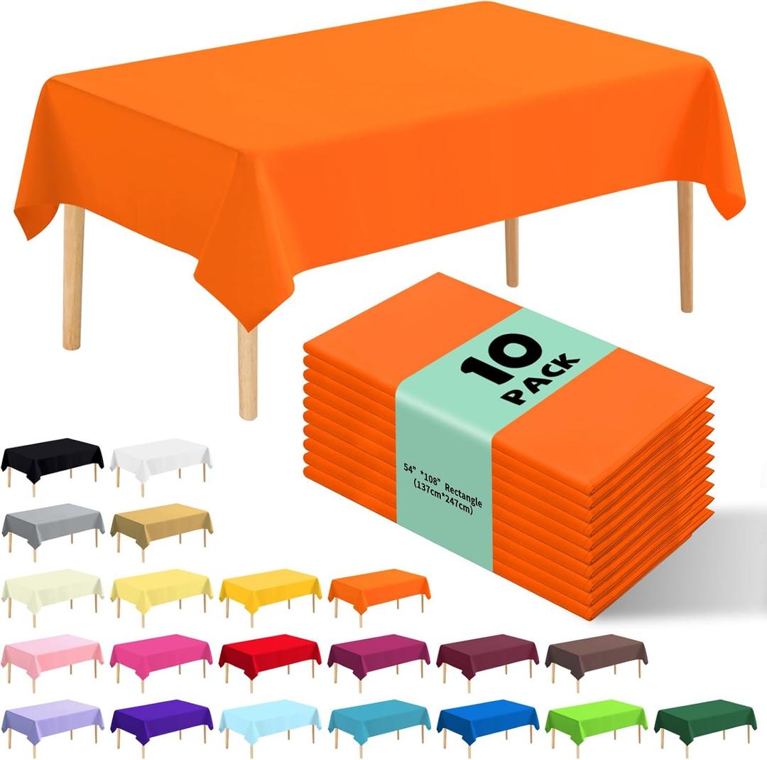 10 Pack Premium Disposable Plastic Tablecloth 54" X 108" Rectangle Table Cover for Birthdays Weddings Christmas Anniversary Buffet Table (Orange)