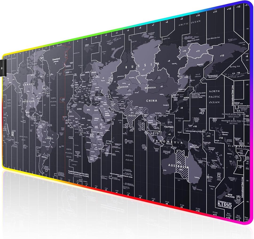KTRIO RGB Large Gaming Mouse Pad with Stitched Edges, Superior Micro-Weave Cloth, Non-Slip Base, Water Resist Coating, 31.5 x 15.7 in, RGB World Map (31.5L x 15.7W inches, RGB Map)
