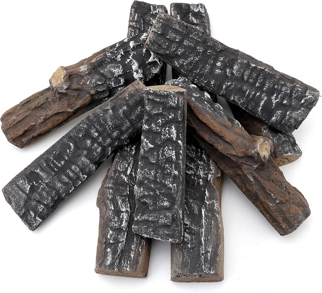 Skyflame 8 Small Piece Set of Ceramic Wood Logs and Accessories for All Types of Indoor Gas Inserts, Ventless & Vent Free, Propane, Gel, Ethanol, Electric or Outdoor Fireplaces & Fire Pits