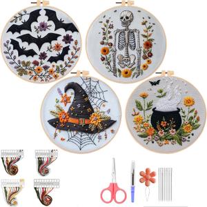 QBQBQ 4 Set Embroidery Kit for Beginners, Cross Stitch Kits Include 6 Inch Hoop, Needles, Threads, DIY Crafts for Adults, Halloween, Skull & Witch Hat Pattern, Home Decor Gift Idea