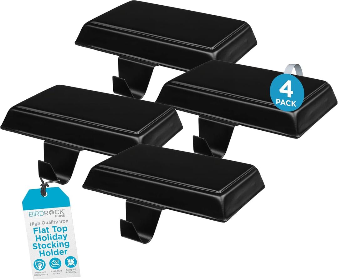 BIRDROCK HOME 4pk Flat Top Holiday Stocking Holder for Mantle | Black Finish with Non-Scratch Base | Fireplace Hook for Christmas Stockings Decor