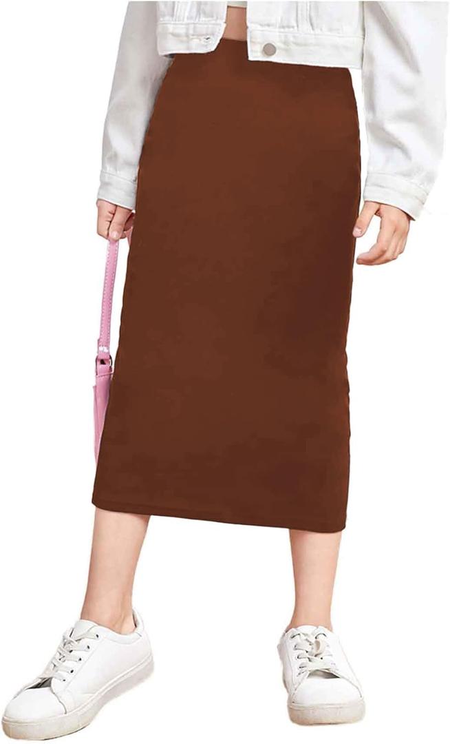 Milumia Girl's Casual High Waist Long Pencil Skirt Comfy Plain Straight Skirts (Brown, 8 Yrs Old)