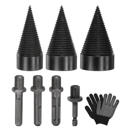M METERXITY 3-Pack Wood Splitter Drill Bit 38mm + 45mm + 50mm + 4 Handles (Square+Round+Hex Shank+Small Hex) Firewood Log Splitter Drill Bit with Gloves for Outdoor/Stove/Farm[Black+Grey], Missing Pieces & Gloves