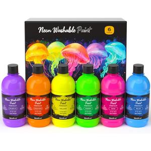 Nicpro 6 Colors Fluorescent Large Washable Paint Set for Kid (16.9 oz), Glow in the Black Light, Non Toxic Neon Tempera Paints for Art, Craft DIY, Poster & Finger Paint, School, Home, Classroom, Party