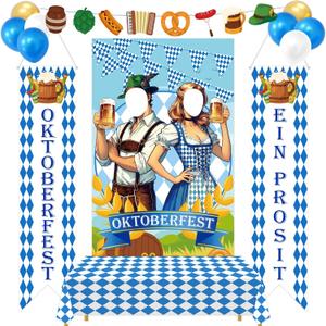 13PCS Oktoberfest Decorations Set: Party Door Banners, Couples Photo Booth Props, Table Cloth, Garland, Balloons - German Festival Bavarian Flag Decor Backdrop Supplies
