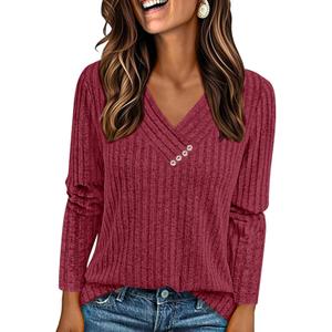 PRETTYGARDEN Women's Long Sleeve Shirts 2026 Fall Fashion Clothes Ribbed V Neck Spring Loose Tunic Tops Lightweight Sweaters (X-Large, Burgundy)