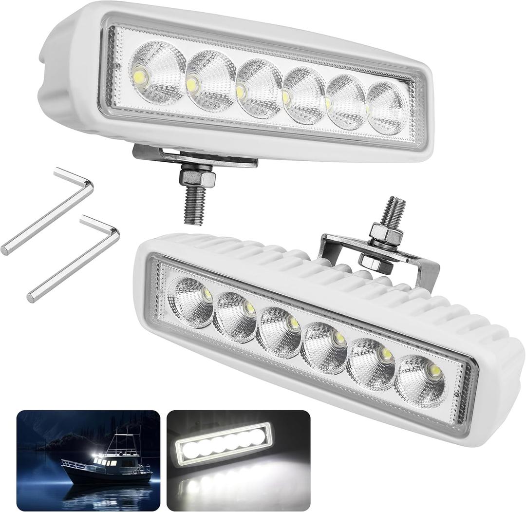 RVZONE Waterproof Led Boat Lights, 18W LED Spreader Lights 1200LM 120Flood Light, 6.3in Deck Dock Marine Led Lights Bar, Pack of 2, White Housing (Flood Light/White Housing)