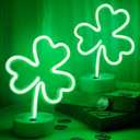 2 Pack St Patricks Day Decorations Neon Signs with Holder Base, USB or Battery Operated Neon Light Green Lucky Clover Lights, LED Table Decoration for Bedroom Indoor Wedding Kids Room Birthday Party
