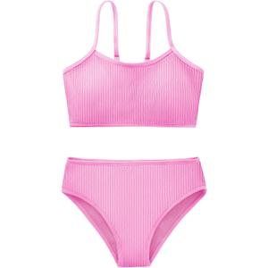 Girl's 2 Piece Swimsuit Solid Spaghetti Strap Bikini Sets Beach Bathing Suit Swimwear for Teen Kids (13-14 Years, Deep Pink)