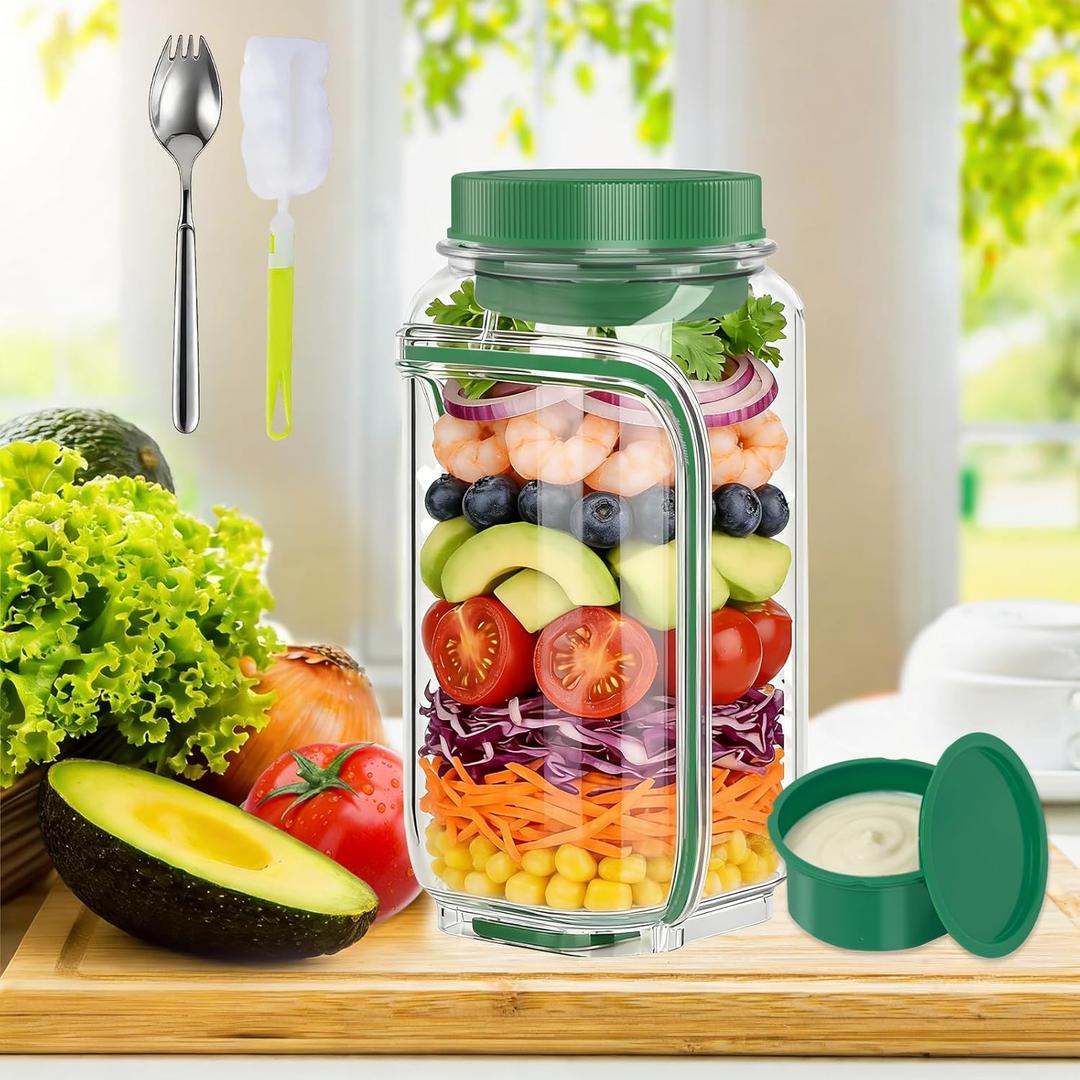 Salad Jar with Side Opening - Leakproof Portable Salad Container with Dressing Cup & Lid, Lid-to-Bowl Design, Dishwasher & Freezer Safe for for Office, Gym, Travel, Picnic, Green(1PCS)