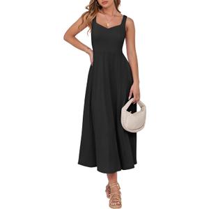 ANRABESS Women Summer Casual Dress Sleeveless Smocked Back Tank Midi Dresses 2025 Beach Vacation Sundress with Pockets Black Small