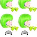 4 Pack Colored Wigs Neon Colorful Wig Short Bob Hair Wig Neon Fun Party Wig Costume Wigs with Heart Sunglasses (Green)