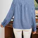 Astylish Womens Plaid Ruffle V Neck Button Down Blouse Casual Long Sleeve Gingham Trendy Tops Work Checkered Shirt (Blue), S