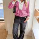 Fisoew Womens Cropped Oversized Sweatshirt Casual Lapel V Neck Long Sleeve Contrast Drawstring Loose Fit Fall Pullover Tops (Pink)