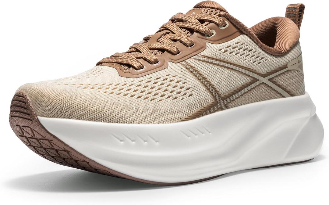 ALLSWIFIT Women's Road Running Shoes Cushion Tennis Shoes Non-Slip Comfortable Lightweight Gym Workout Athletic Arch Support Walking Sneakers Active5K,Size 7.5,Beige/Khaki