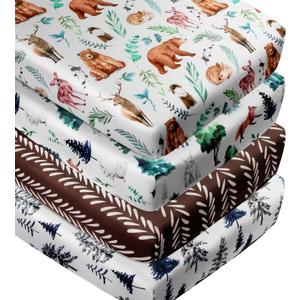 4 Pack Woodland Forest Animals Wood Neutral Unisex Fitted Baby Crib Sheets Set for Baby Boys or Girls (52*28, Bear)