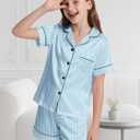 Kids Satin Pajamas Set, 2 Pieces Silky Pjs Short Sleeve & Pants Sleepwear Loungewear Button Down Pjs Set for Boys and Girls Blue Striped