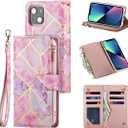 UEEBAI Wallet Case for iPhone 13 6.1 inch, Premium Vintage PU Leather Magnetic Closure Handbag Zipper Pocket Case Kickstand Card Holder Slots with Wrist Strap TPU Shockproof Flip Case - Pink&Purple