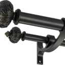 Heavy Duty Double Curtain Rod with Palm Leaves Finials and Aluminum Bouquet Brackets,Double Curtain Rods for Windows 36 to 72 Inches,1 Inch Front, 5/8 Inch Back Adjustable Double Rods,Black