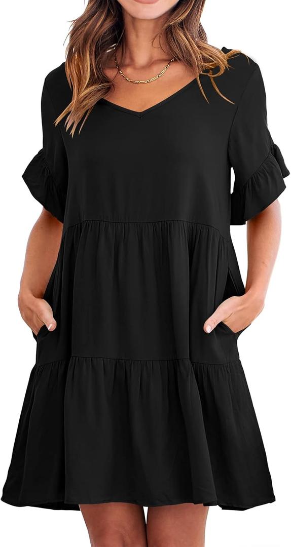 LOGENE Women's 2023 Summer Casual V Neck Tiered Ruffle Hem Babydoll Dress Short Sleeve Pocket A-Line Flowy Mini Beach Dress Large