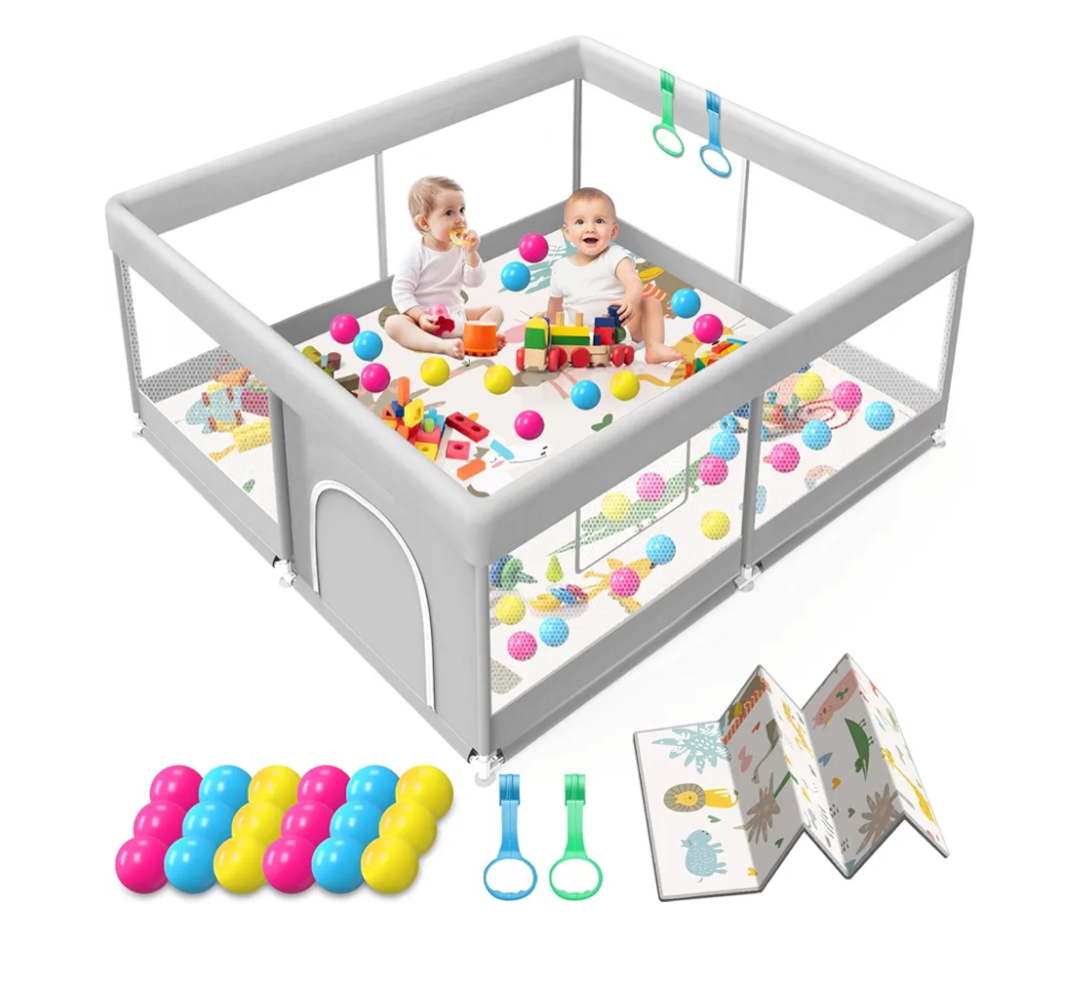 Baby Playpen with Mat, 50x50 Inch Playpen with Mat Waterproof for Babies and Toddlers Play Pen Playards Safety Gate Fence Active Center Indoor, Grey 