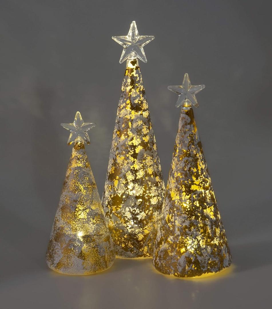 Red Co. 9.5", 8", and 6.5" Glass Christmas Tree Figurine Ornaments in Gold and Silver Finish, Light-Up Holiday Season Decor, Set of 3 Sizes