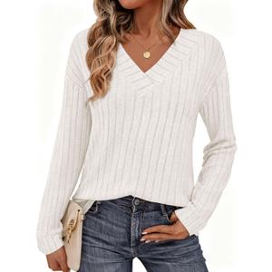 PRETTYGARDEN Fall Fashion 2025 Long Sleeve Shirts for Women Ribbed Knit V Neck Dressy Casual Lightweight Sweaters Tunic Tops (Small, White)