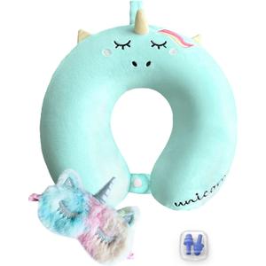 Neck Travel Pillow for Kids, Unicorn Airplane Memory Foam Pillow with Cute Sleep Mask & Earplugs, Lightweight Travelling Sleeping Pillow Set for Car, Train, Bus and Home Use (Blue)