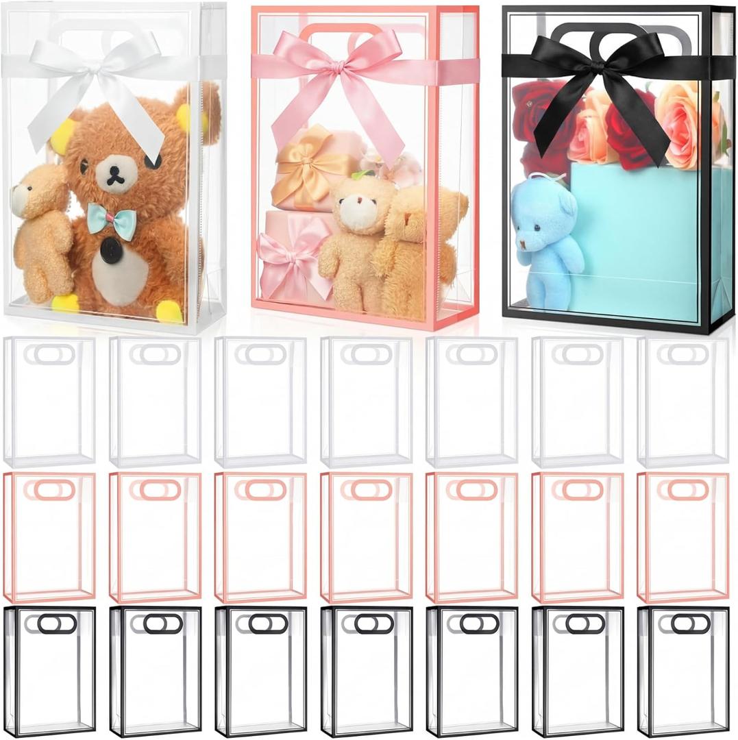Dunzoom 20 Pcs Clear Plastic Gift Bag with Die Cut Handle Reusable PP Favor Bag for Wedding Bridal Birthday Baby Shower Graduation Mother's Day Party Supplies(10.2 x 7.1 x 3.2'',Black Pink White Trim)