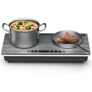 1800W Dual Induction Cooktop, Silver Wood-Grain Panel, 2×900W Burners, Touch Control, 8 Heating Levels, Timer, Black Ceramic Glass, Compatible with Magnetic Cookware