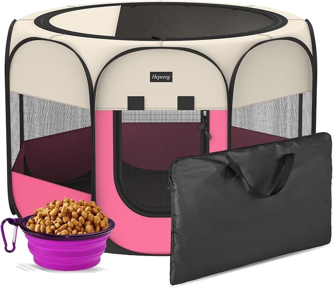 Portable Pet Playpen, 8-Panel Indoor/Outdoor Puppy Pen with Shade Cover & Travel Bag - Waterproof Dog Cat Tent Includes Collapsible Bowl Large (pink, 45"x45"x24")