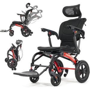 Lightweight Reclining Travel Wheelchair, Folding Transit Transport Wheelchairs for Adults and Seniors Support 265lbs