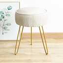 LUE BONA Pleated Vanity Stool, Velvet Upholstered Vanity Stool for Makeup Room, Round Stool for Vanity, Ottoman Footrest Stool with Metal Legs for Living Room, Bedroom, White
