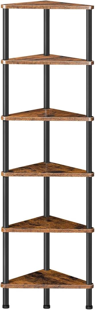 HOOBRO Corner Shelf Stand, Industrial 6-Tier Wall Corner Bookshelf with Metal Frame, Plant Display Shelf, Bookcase for Small Spaces, Bedroom, Living Room, Rustic Brown BF36CJ01 (11.8"D x 11.8"W x 57"H)