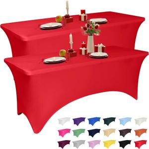 2 Pack 6 Feet Red Spandex Tablecloth for Rectangular Tables, Fitted & Stretch, Washable, Wrinkle Resistant, Perfect for Event, Wedding, Party, Banquet, Cocktail, Festival, and Table Protector