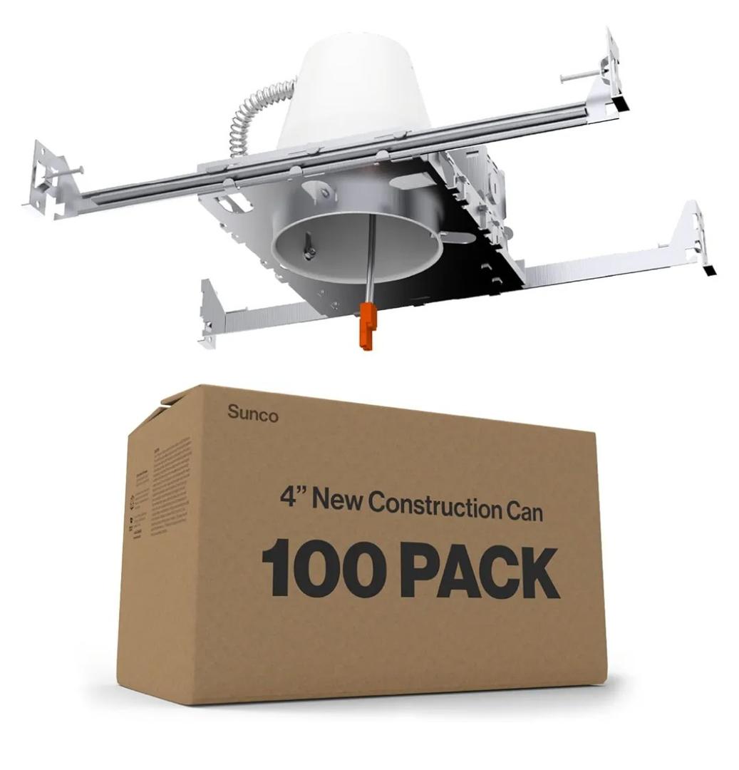 Sunco 100 Pack 4 Inch LED Recessed Can Light Housing, New Construction, Air Tight, IC Rated, Wet Rated, 120-277V, TP24 Connector, Steel, UL Listed