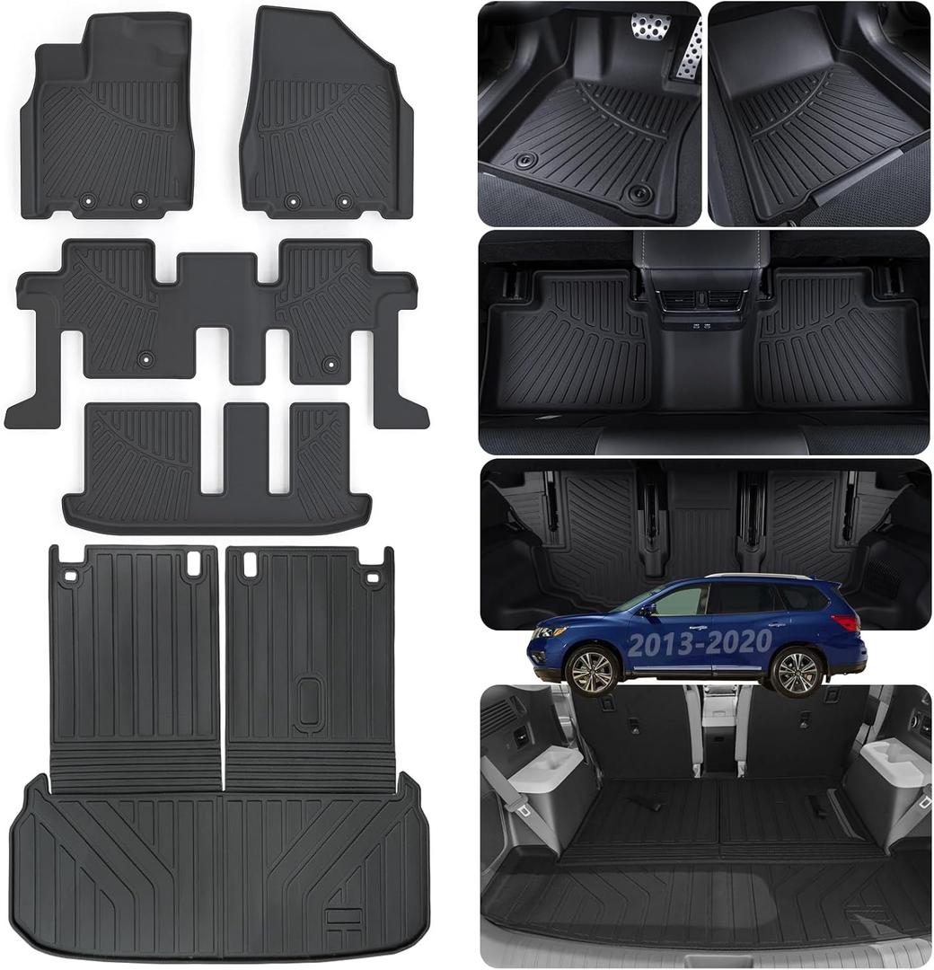 Floor Mats & Large Cargo Liners for 2013-2020 Nissan Pathfinder / 2013 Infiniti JX35 /2014-2020 Infiniti QX60,TPE All Weather Protection with Trunk Mat Covering The Backrest