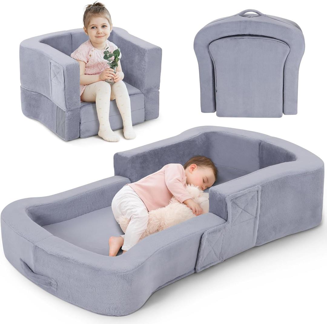 Portable Toddler Travel Bed, 2in1 Foldable Toddler Bed Sofa Chair, Soft Baby Kids Travel Floor Cot with Washable Covers Safety Foam Raised Bumper for Grandma's House Road Trips Camping Hotel