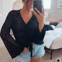 FERBIA Women Crochet Top Beach Cloth Drawstring Shirt Cover Up Oversized Sexy Beachwear Lace Up Tee Poncho, X-Large, Black