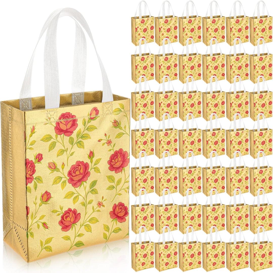 Sunnymove 40 Pcs Gold Small Reusable Gift Bags with Floral Vintage Design Bulk Indian Return Gift Bags, 10" x 8" x 4" Thank You Favor Bag for Mother's Day, Baby Showers, Weddings, Boutique