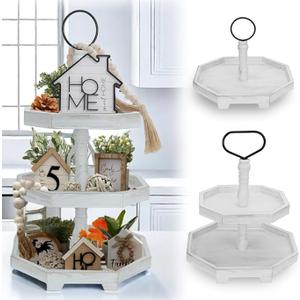 3 Tiered Tray Stand White Tier Serving Tray, Three Decorative Trays, Wooden Cupcake Stand 3 Tiered Farmhouse Tray for Home Decor(L 13.8” W 12.5” H 21.8”)