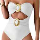 GORGLITTER Women's Strapless Metal One Pieces Swimsuits Modest Tummy Control Bathing Suit Cut Out Bandeau Monokini (White) XL