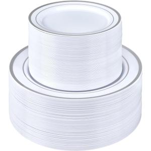 BESTSTAR 200PCS Silver Plastic Plates Set, 100 10.25 inch Dinner Plates and 100 7.5 inch Dessert Plates, Premium Disposable Plates for Party, Wedding