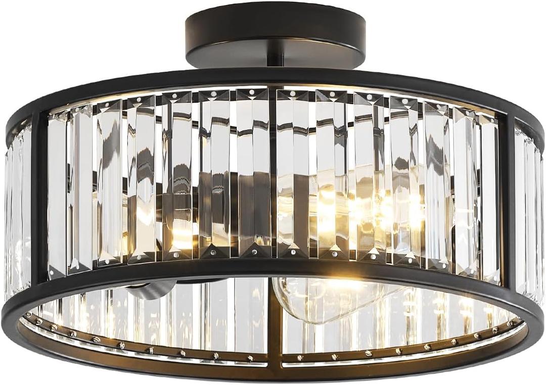 Black Flush Mount Ceiling Light, Caged Crystal Chandelier, Drum Hallway Light fixtures Ceiling Mount (14 INCH Black)