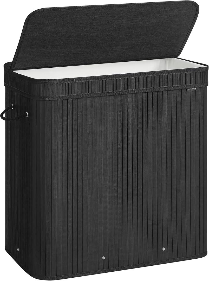 SONGMICS Laundry Hamper with Lid, Bamboo Laundry Basket, Removable Machine Washable Laundry Basket, with Handles, 39.6-Gallons, for Laundry Room, Bedroom, Bathroom, Ink Black ULCB062B01, 150 L