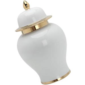 IMIKEYA Ginger Jar, White Ginger Jar with Gold Trim Handicraft Flower Vase Chinese Style Temple Jar Storage Jar Tea Canister with Lid for Home Office Wedding Decor