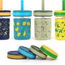 Sursip Toddler Glass Sippy Cups, Kids Baby 12 oz Spill-Proof Water Tumbler with Straw and Lids, Smoothie Snack Mason Jar For Travel School or At Home, 4 Packs