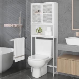 Launica Over the Toilet Storage Cabinet, Over Toilet Bathroom Organizer with Mesh Doors and Shelves, Freestanding Bathroom Storage Cabinet Above Toilet, Wood and Metal, White Oak