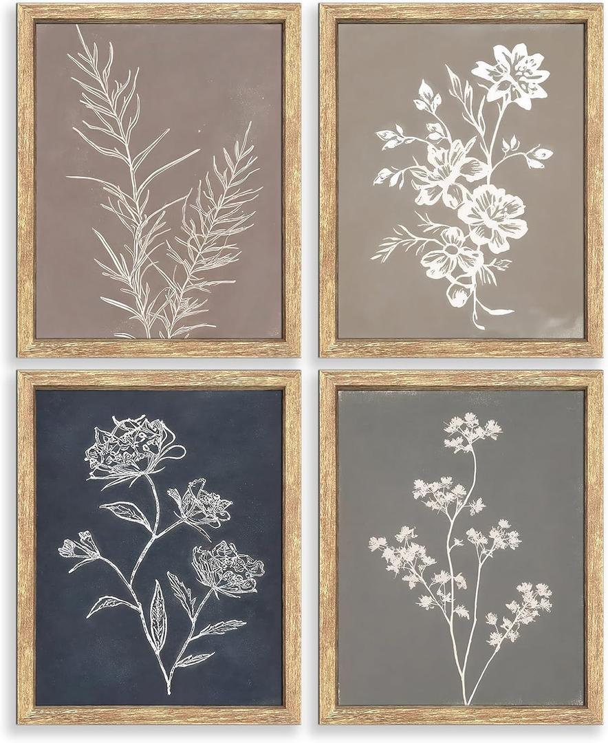 GUMEYJIA Boho Wall Art Set of 4 for Framed Minimalist Botanical Print Canvas Art Rustic Vintage Farmhouse Home Kitchen Wall Decor (8x10 in)